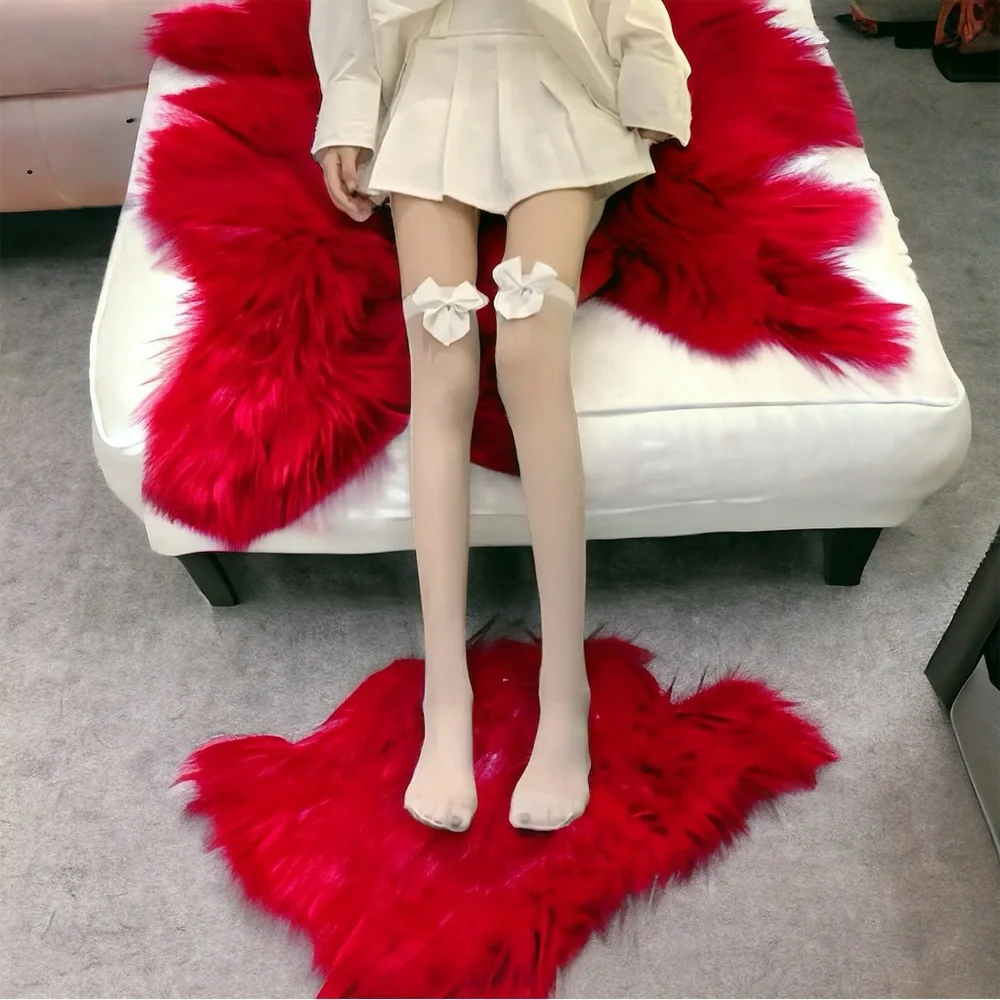 White Bow Thin Light Smooth Over The Knee‎ Socks Women's Stockings  One Size